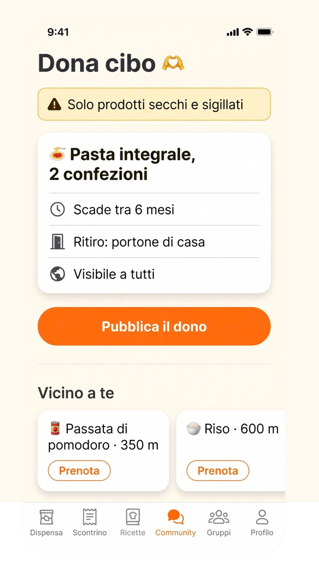 Schermata di avanzo per donare cibo ai vicini